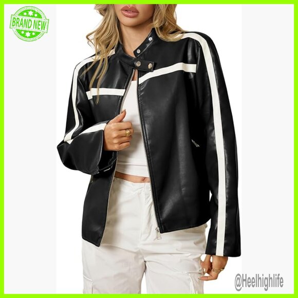 Faux Leather Bomber Jacket Zip Up Moto Biker Coat Vintage Racing Style